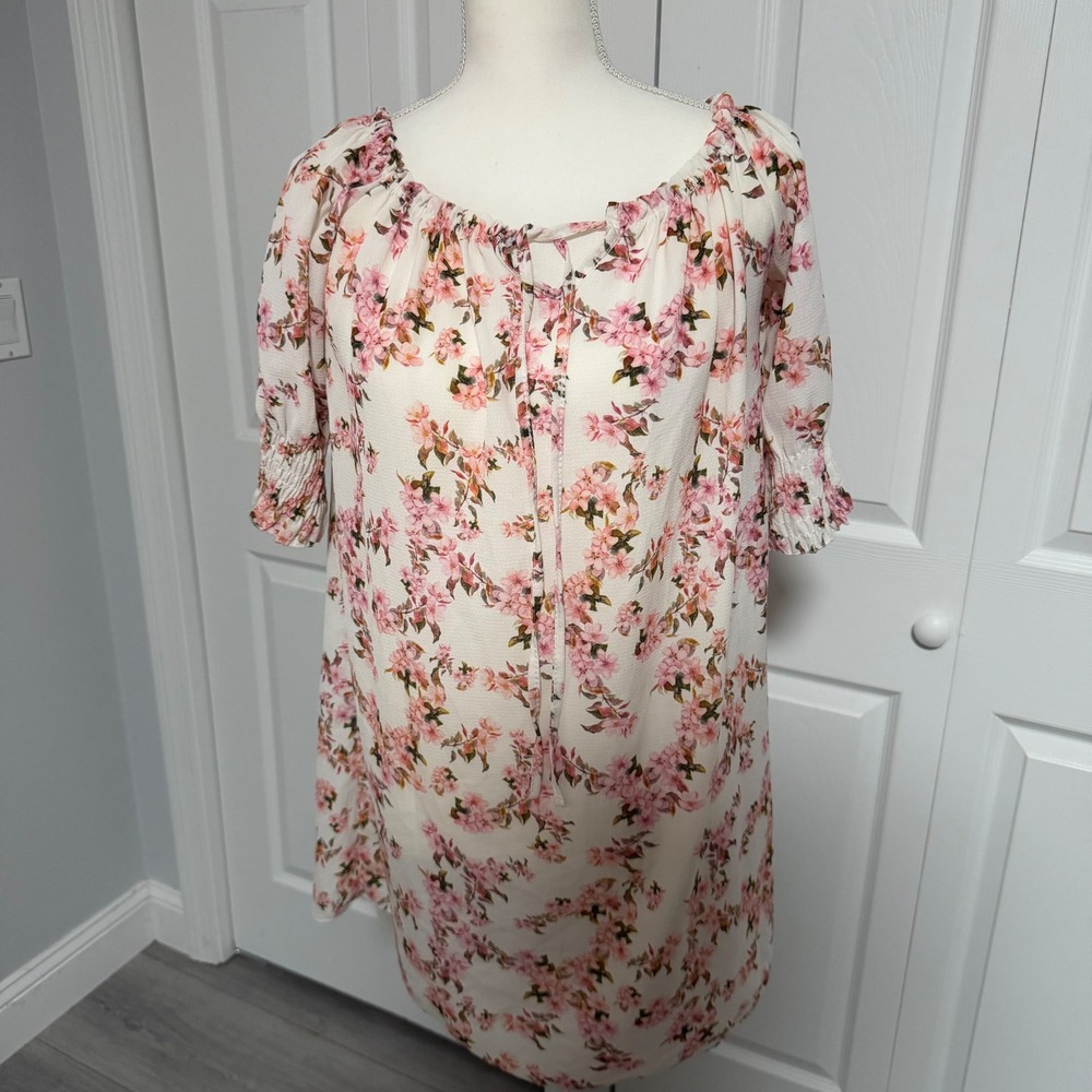 New Collection Pink Floral Off Shoulder Mini Dress Smocked Sleeve Made in Italy